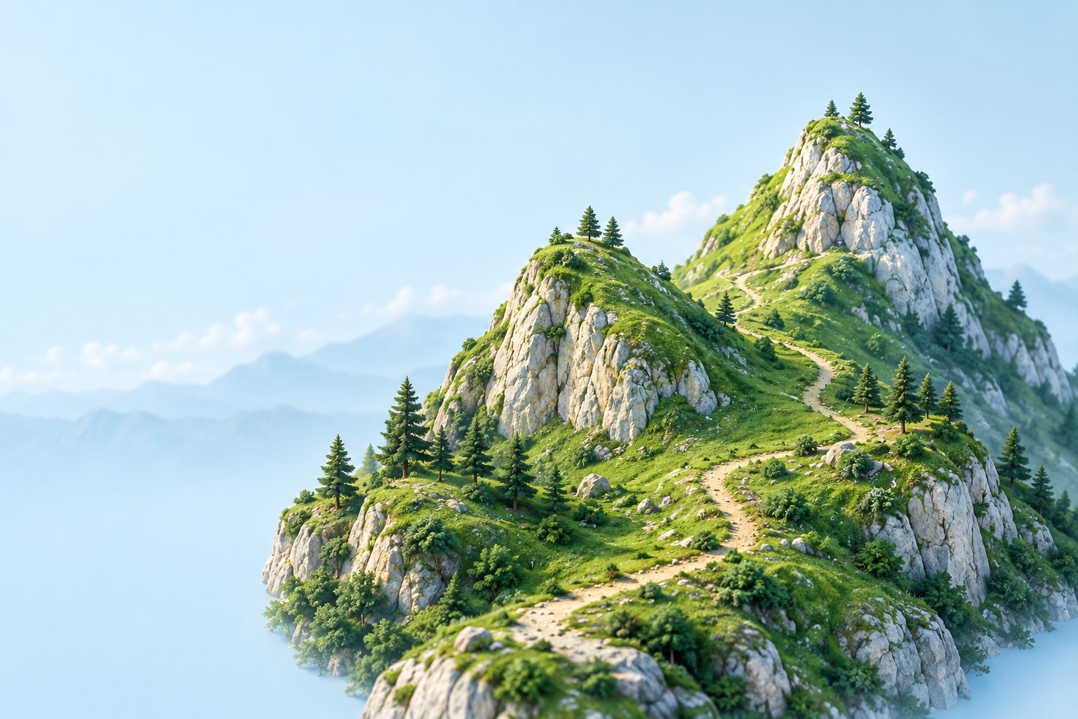 Green hill peaks and a winding trail in a miniature landscape
