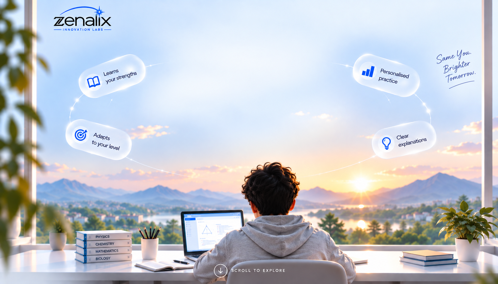 Zenalix Innovation Labs. Learns your strengths. Adapts to your level. Personalised practice. Clear explanations. Same you, brighter tomorrow. A student studies overlooking a lake and mountains at sunset.