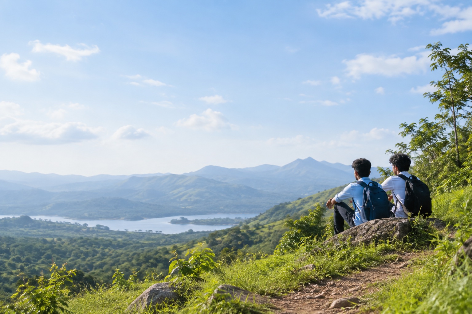 Two students taking a quiet break together overlooking a green valley