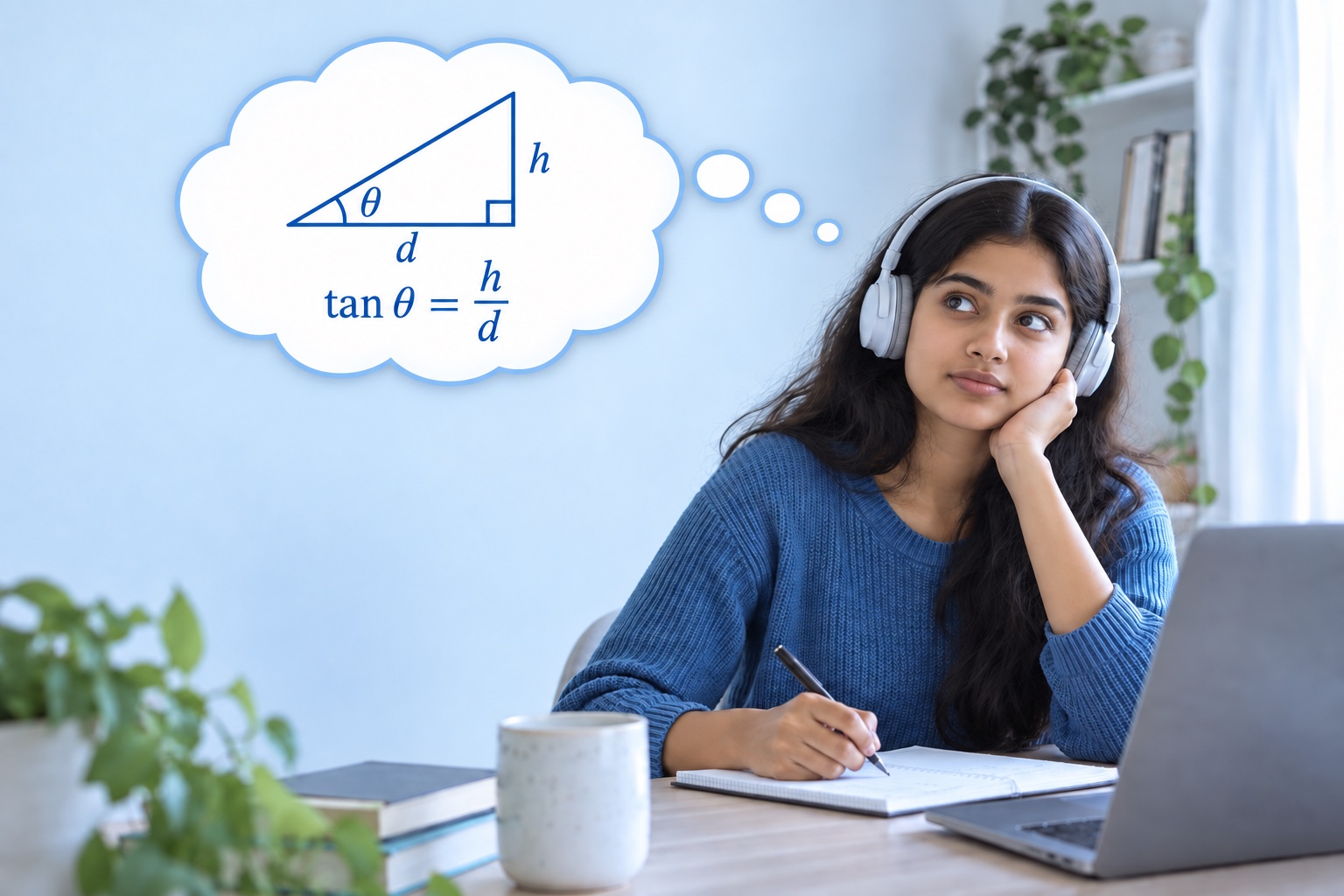 The student imagines a right triangle inside a white cloud-shaped thought bubble linked to her head. The vertical side is h, the base is d, and tan theta equals h divided by d.