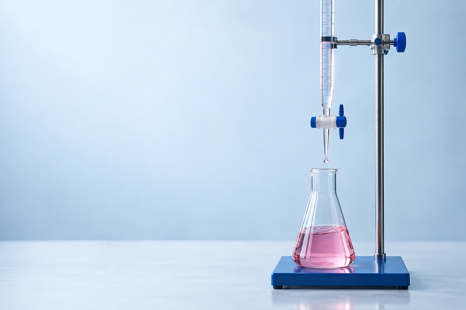 A glass burette releasing a drop above a conical flask of pale pink liquid in a titration setup