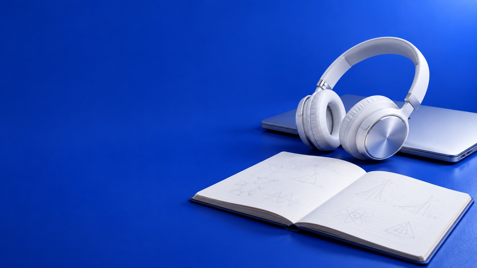 White headphones beside an open science notebook and silver laptop on a cobalt-blue study desk